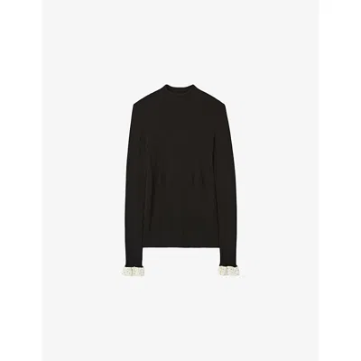 Claudie Pierlot Womens Black Contrast-cuff Pointelle-knit Stretch Wool-blend Jumper Xs