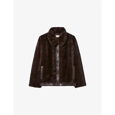 Claudie Pierlot Womens Collared Contrast-trim Faux-fur Coat Dark Brown
