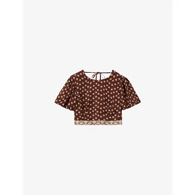 Claudie Pierlot Womens Dark Print Cropped Graphic-print Satin Top In Brown