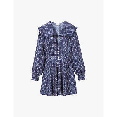 Claudie Pierlot Womens Dark Print Geo-print V-neck Silk Mini Dress In Blue