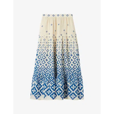 Claudie Pierlot Womens  Flower-embroidered High-rise Tiered Cotton Maxi Skirt