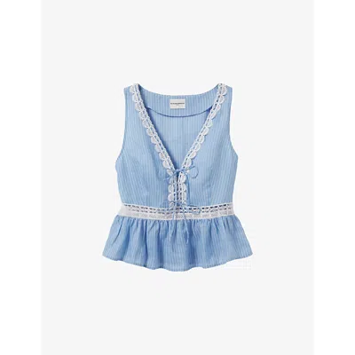 Claudie Pierlot Womens  Striped Ruffle Lace-detail Ramie Top In Divers