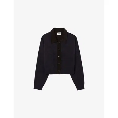 Claudie Pierlot Womens Dual-color Collared Regular-fit Stretch Wool-blend Cardigan In Blue