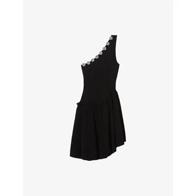 Claudie Pierlot Womens Dual-color Asymmetric Crochet-flower Knitted Mini Dress In Black