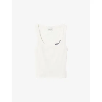 Claudie Pierlot Womens Ecru Brand-embroidered Ribbed Stretch-cotton Tank Top Xs In White