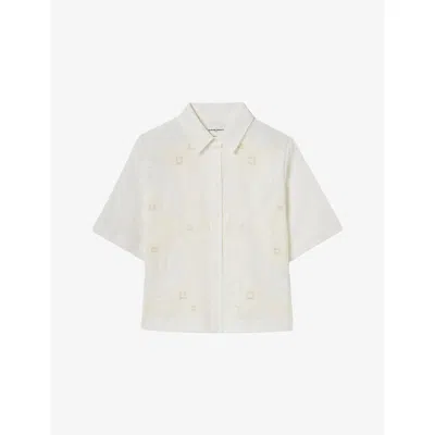 Claudie Pierlot Womens Ecru Embroidered Short-sleeved Cotton-blend Shirt In White