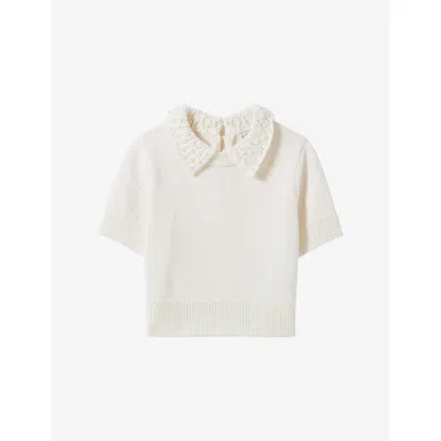 Claudie Pierlot Womens Ecru Pearl-embellished Short-sleeve Wool And Cashmere-blend Top In Neutral