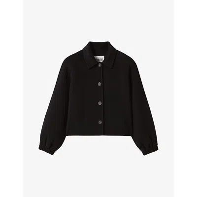 CLAUDIE PIERLOT WOMENS NOIR / GRIS FITTED-CUFF CROPPED WOOL-BLEND JACKET