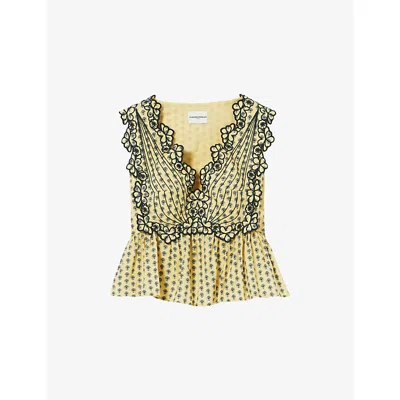Claudie Pierlot Womens  Floral-embroidered V-neck Sleeveless Cotton Top In Multi