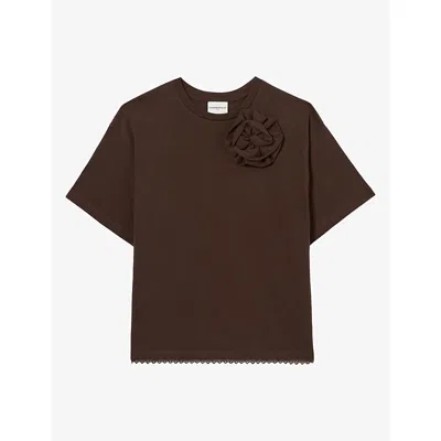 Claudie Pierlot Womens Flower-embellished Short-sleeved Cotton-jersey T-shirt Chocolate In Brown