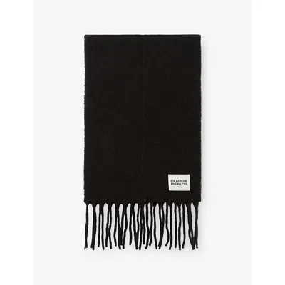 Claudie Pierlot Womens Black Fringed Logo-tag Wool And Alpaca-blend Scarf