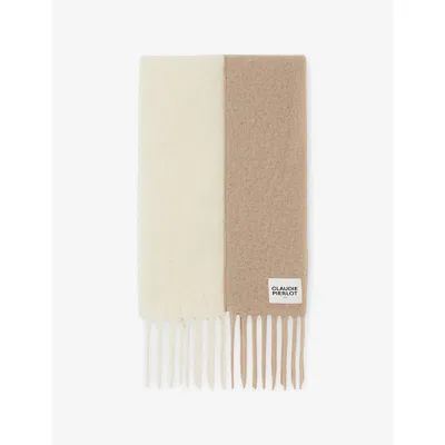 Claudie Pierlot Womens Dual-color Fringed Logo-tag Wool And Alpaca-blend Scarf In Neutral