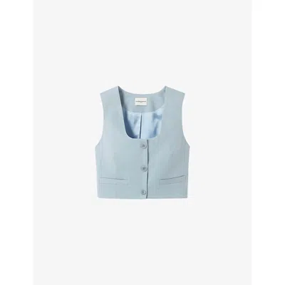 Claudie Pierlot Womens Grey Blue Square-neck Cropped Linen-blend Top