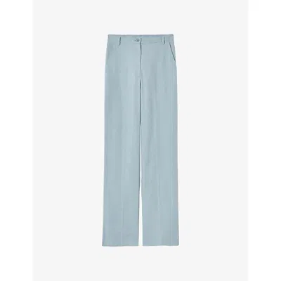 Claudie Pierlot Womens Grey Blue Straight-leg Pressed-crease Linen-blend Trousers
