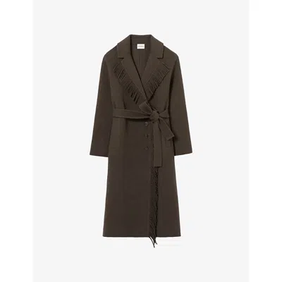 Claudie Pierlot Womens Khaki Fringed Belted-waist Long Wool-blend Coat In Brown