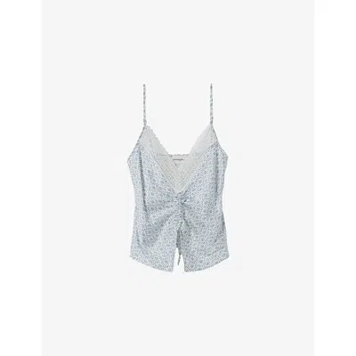 Claudie Pierlot Womens Light Print Floral-print V-neck Satin Top In Blue