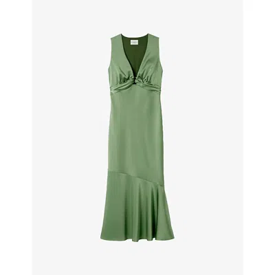 Claudie Pierlot Womens Stripe-print Lace-trim Ramie Maxi Dress Middle Green