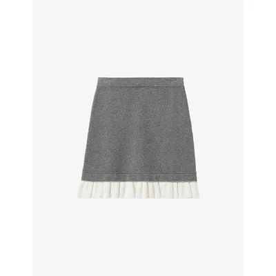 Claudie Pierlot Womens Mottled Grey Frill-trim Knitted Wool-cashmere Blend Skirt In Gray