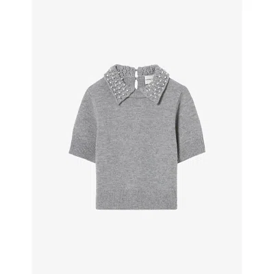 Claudie Pierlot Womens Mottled Grey Pearl-embellished Short-sleeve Wool And Cashmere-blend Top Xs In Gray