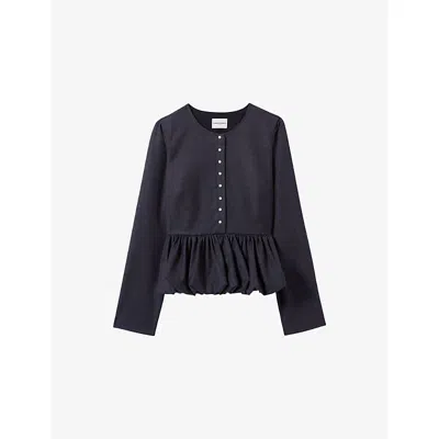 Claudie Pierlot Womens Mottled Grey Round-neck Peplum-hem Wool-blend Top In Blue