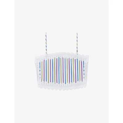 Claudie Pierlot Womens Multicolored Striped Lace-trim Cropped Cotton Top