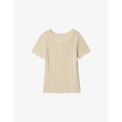 Claudie Pierlot Womens Naturels Button-down Round-neck Crochet Top In Brown
