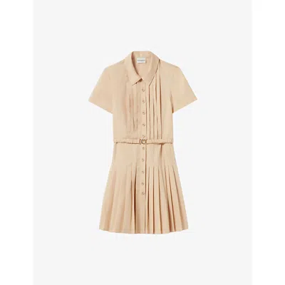 Claudie Pierlot Womens Naturels Pleated Short-sleeve Cotton Mini Dress In Brown