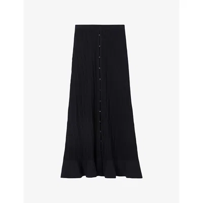 Claudie Pierlot Womens Navy Button-front Ruffle-hem Crochet Maxi Skirt Xs In Blue