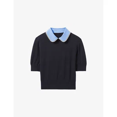 Claudie Pierlot Womens Navy Detachable-collar Short-sleeved Knitted Top In Blue