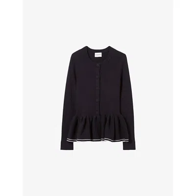 Claudie Pierlot Womens Navy Frill-trim Slim-fit Knitted Cardigan In Blue