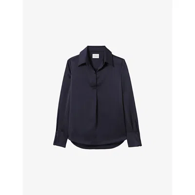 Claudie Pierlot Womens Open-collar Long-sleeved Satin Blouse Navy