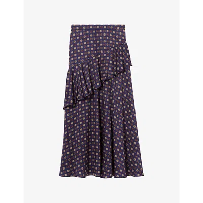 Claudie Pierlot Womens Abstract-print High-rise Woven Maxi Skirt Navy Print In Blue