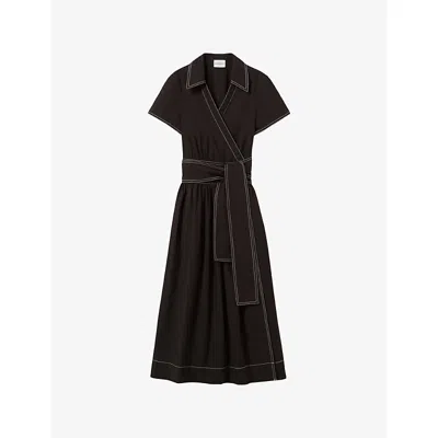 Claudie Pierlot Womens  Belted Contrast-stitch Woven Maxi Dress In Noir / Gris