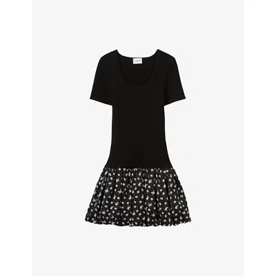 Claudie Pierlot Womens  Floral-print Bubble-hem Stretch-woven Mini Dress In Noir / Gris