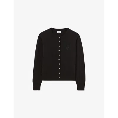 CLAUDIE PIERLOT WOMENS NOIR / GRIS LOGO-EMBROIDERY ROUND-NECK KNITTED CARDIGAN XS