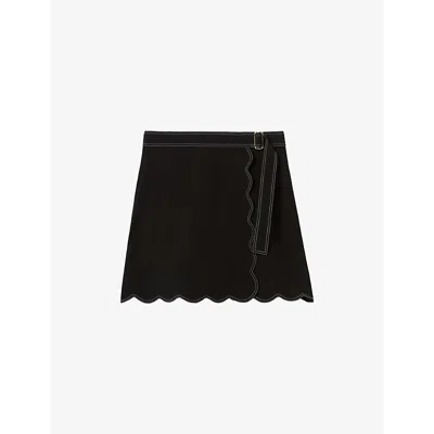 CLAUDIE PIERLOT WOMENS NOIR / GRIS SCALLOP-TRIM WRAP-OVER WOVEN MINI SKIRT