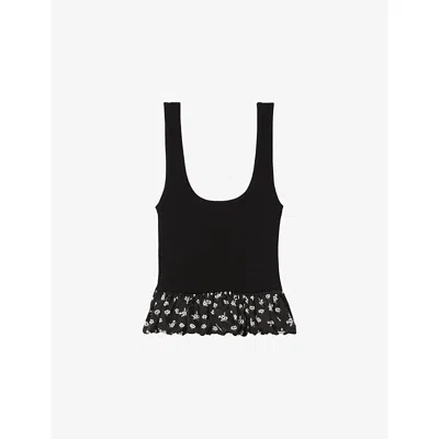 Claudie Pierlot Womens  Square-neck Ruffle-hem Knitted Tank Top In Noir / Gris