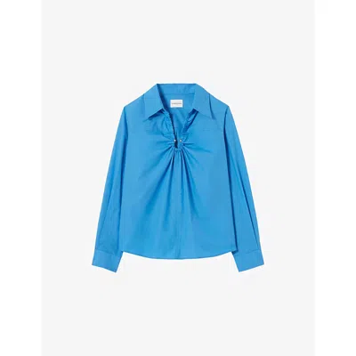 Claudie Pierlot Womens Office Blue Relaxed-fit V-neck Cotton Blouse