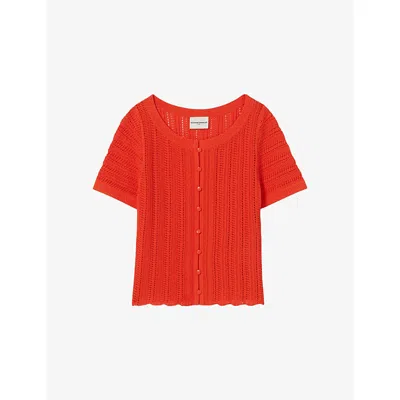 Claudie Pierlot Womens Orange Short-sleeved Button-front Crochet Top Xs