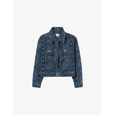 Claudie Pierlot Womens Paisley-print Tie-neck Denim Jacket Navy Print