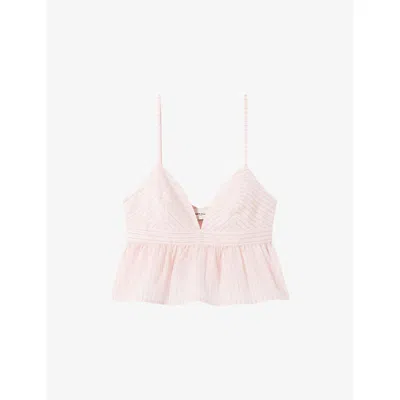 Claudie Pierlot Womens Pale Pink V-neck Cropped Cotton-blend Top