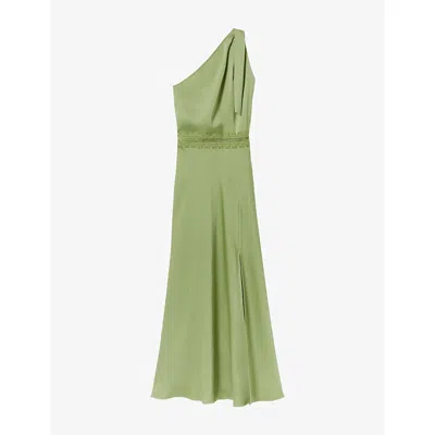 Claudie Pierlot Womens Pistachio One-shoulder Lace-trim Satin Maxi Dress In Green