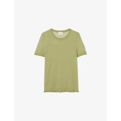 Claudie Pierlot Womens Pistachio Ruffle-hem Semi-sheer Knitted Top In Green