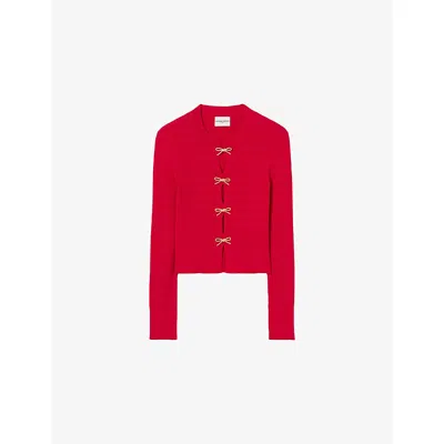 CLAUDIE PIERLOT WOMENS RED BOW-EMBELLISHED STRETCH-KNIT JUMPER XS