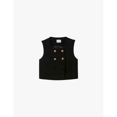 Claudie Pierlot Womens Round-neck Floral-button Woven Waistcoat Black