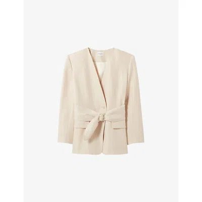 Claudie Pierlot Womens  Belted Kimono-collar Linen-blend Jacket In Neutral