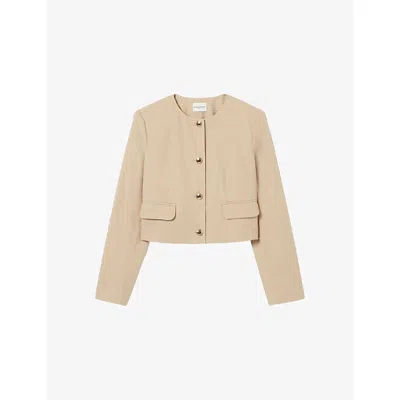 Claudie Pierlot Womens Sand Round-neck Cropped Linen-blend Jacket In Neutral