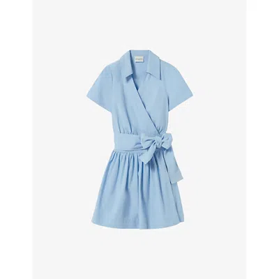 Claudie Pierlot Womens Polo-collar Belted Cotton-blend Mini Dress Sky Blue
