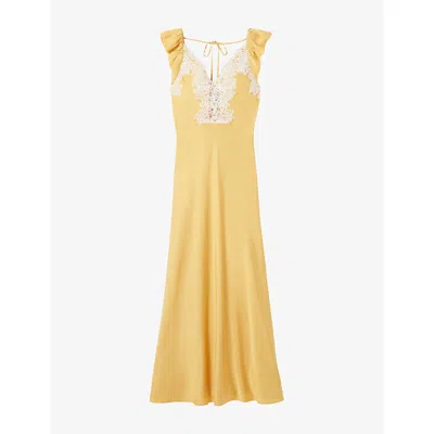 Claudie Pierlot Womens Sun Yellow Ruffle-sleeved Lace-trim Satin Maxi Dress