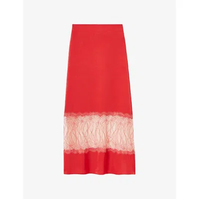 Claudie Pierlot Womens  Lace-embroidered Satin Midi Skirt In Red